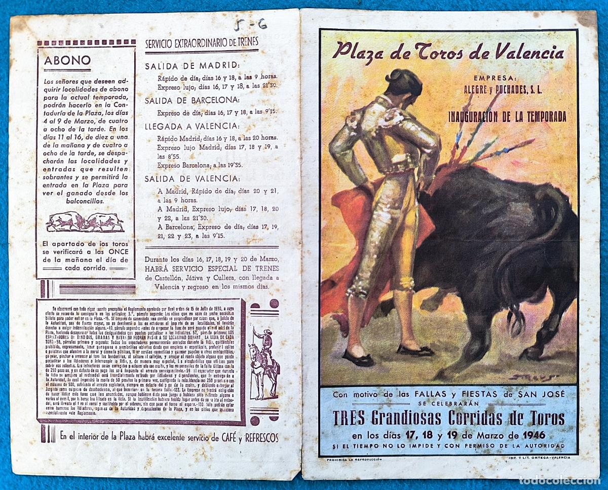 Tauromaquia: RW PROGRAMA TOROS PLAZA VALENCIA 1946 EL CHONI CASTRO MORENITO DE VALENCIA ORIGINAL PT68