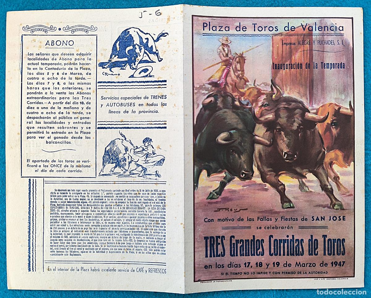 Tauromaquia: RW PROGRAMA TOROS PLAZA VALENCIA 1947 DOMINGUIN PARRITA VITO ORIGINAL PT69