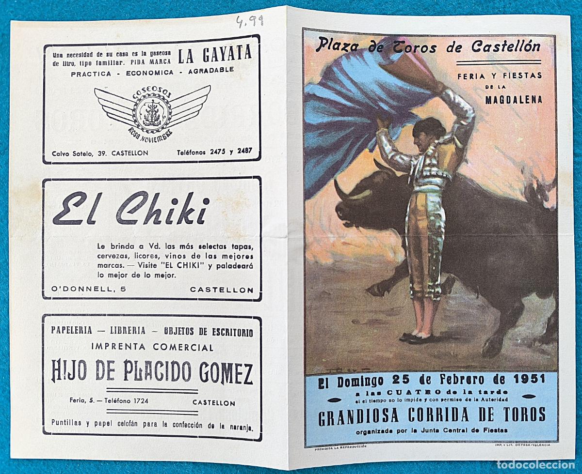 Bullfighting: RW PROGRAMA TOROS PLAZA CASTELLON 1951 DOMINGUIN MARTORELL ORIGINAL PT76
