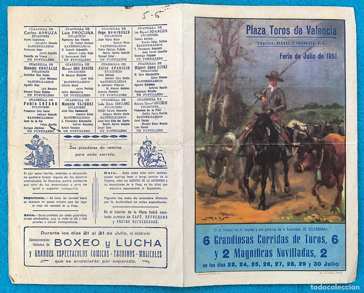Bullfighting: RW PROGRAMA TOROS PLAZA VALENCIA 1951 ARRUZA JUMILLANO LITRI ORIGINAL PT77