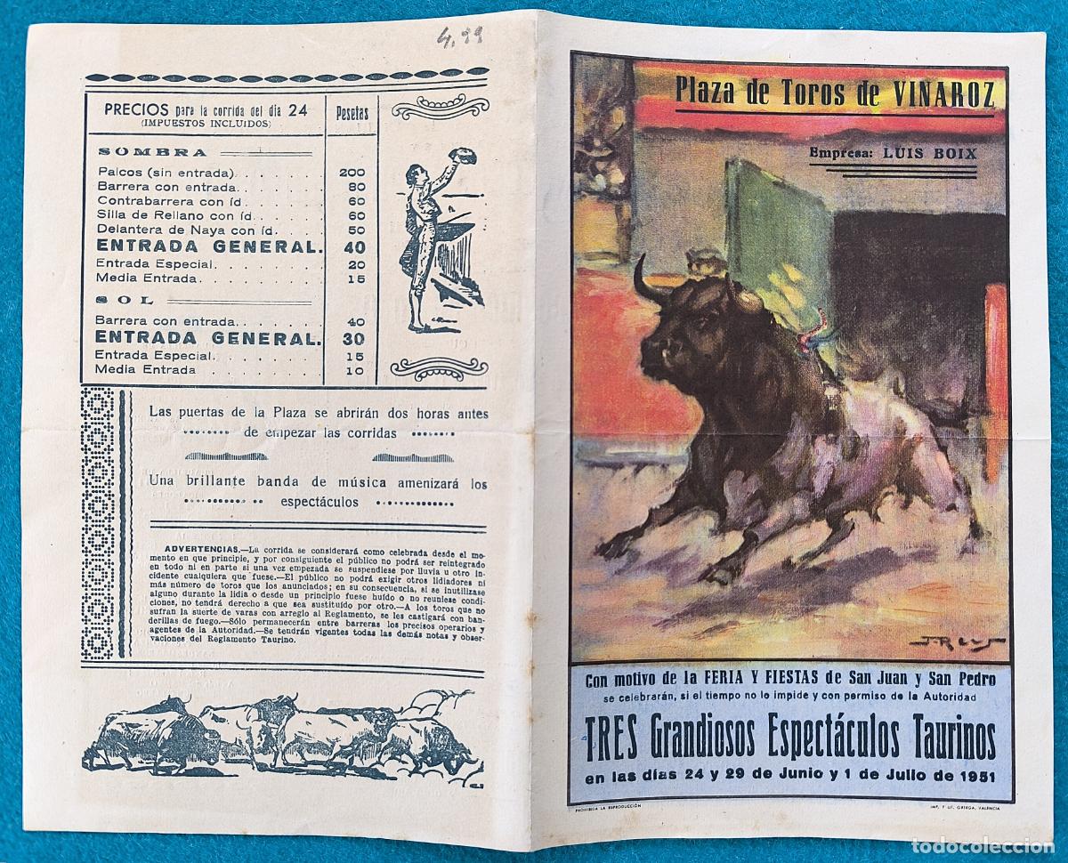 Tauromachie: RW PROGRAMA TOROS PLAZA VINAROZ CASTELLON 1951 LLORENTE MEDINA TORRECILLAS ORIGINAL PT80 R