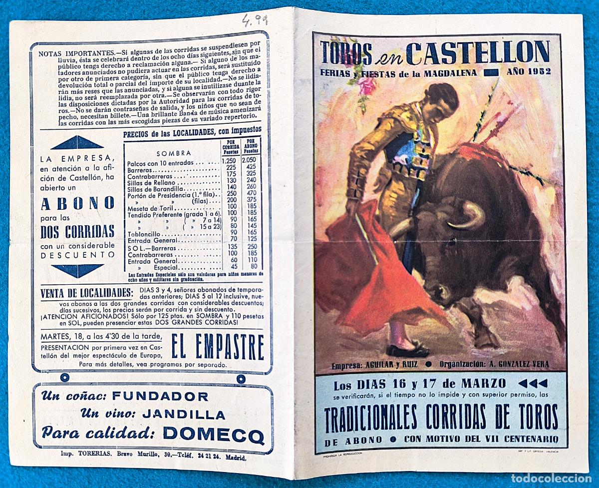 Bullfighting: RW PROGRAMA TOROS PLAZA CASTELLON 1952 PARRITA GONZALEZ LITRI ORIGINAL PT86
