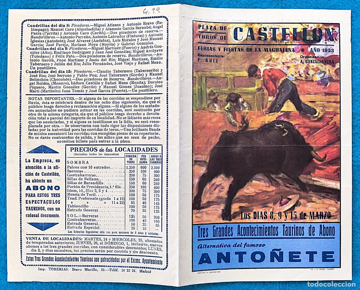 Tauromachie: RW PROGRAMA TOROS PLAZA CASTELLON 1953 ANTO&Ntilde;ETE APARICIO PEDRES ORIGINAL PT90