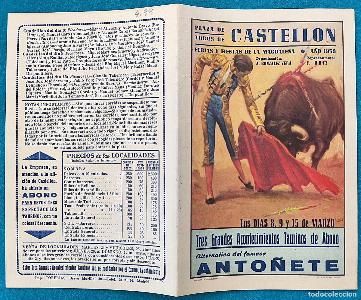Tauromaquia: RW PROGRAMA TOROS PLAZA CASTELLON 1953 ANTO&Ntilde;ETE CHICUELO II GALLARDO ORIGINAL PT91 RR