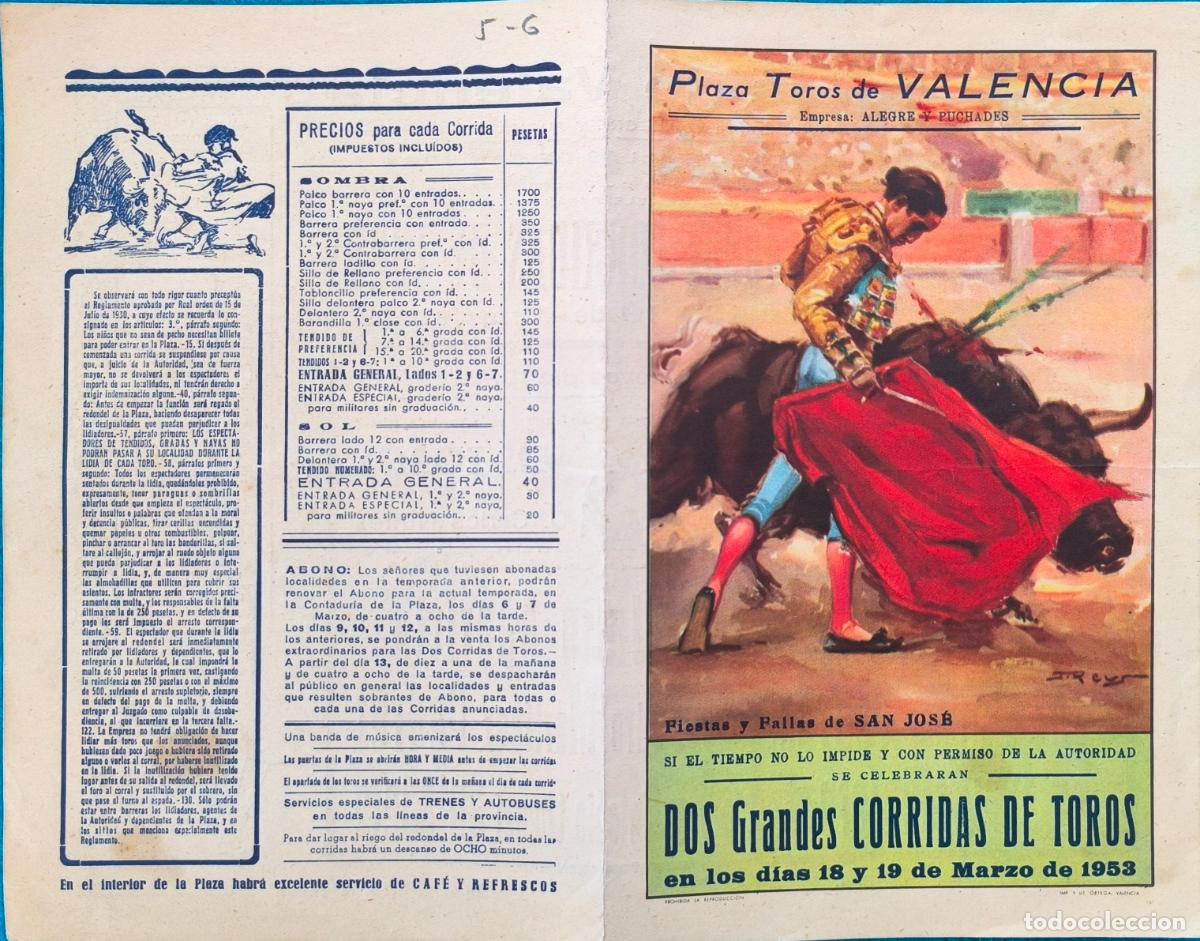 Tauromachie: RW PROGRAMA TOROS PLAZA VALENCIA 1953 APARICIO PEDRES MONTERO ORIGINAL PT93