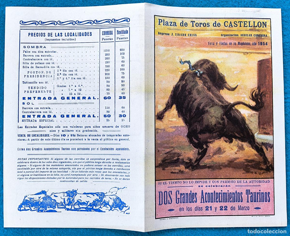 Tauromachie: RW PROGRAMA TOROS PLAZA CASTELLON 1954 PERALTA CALERITO POSADA GIRON ORIGINAL PT95