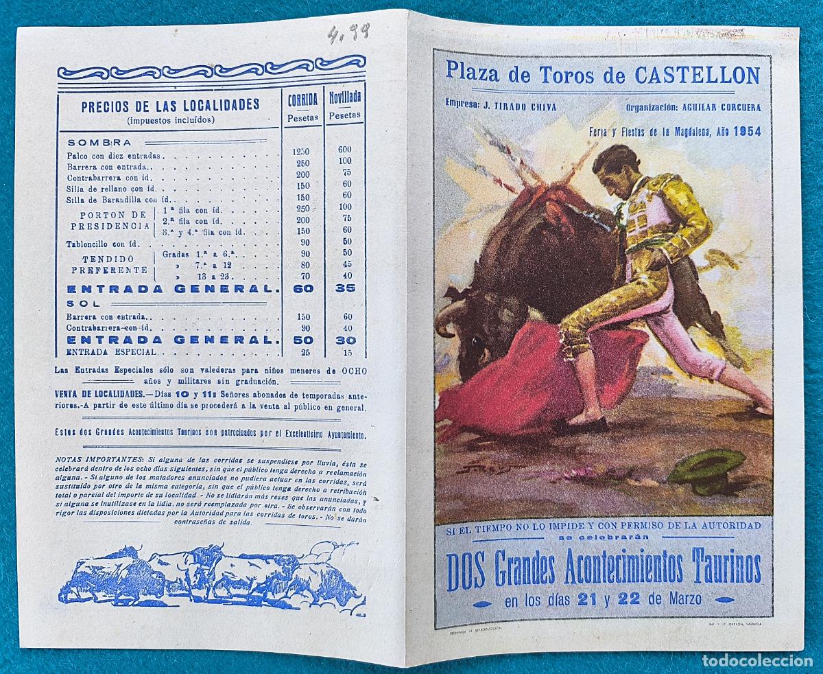 Tauromachie: RW PROGRAMA TOROS PLAZA CASTELLON 1954 PERALTA CALERITO POSADA GIRON ORIGINAL PT98 RR