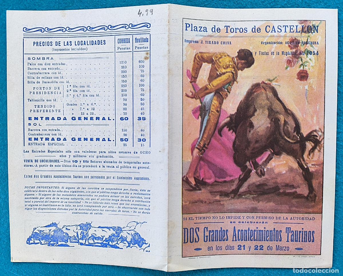 Tauromachie: RW PROGRAMA TOROS PLAZA CASTELLON 1954 CALERITO POSADA GIRON ORIGINAL PT102