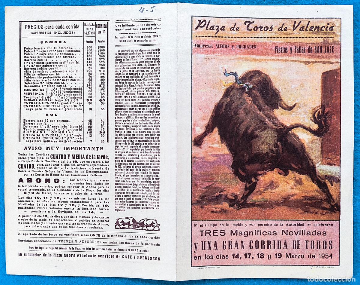 Stierkampf: RW PROGRAMA TOROS PLAZA VALENCIA 1954 CORPAS CASCALES EL TURIA ORIGINAL PT105 RR