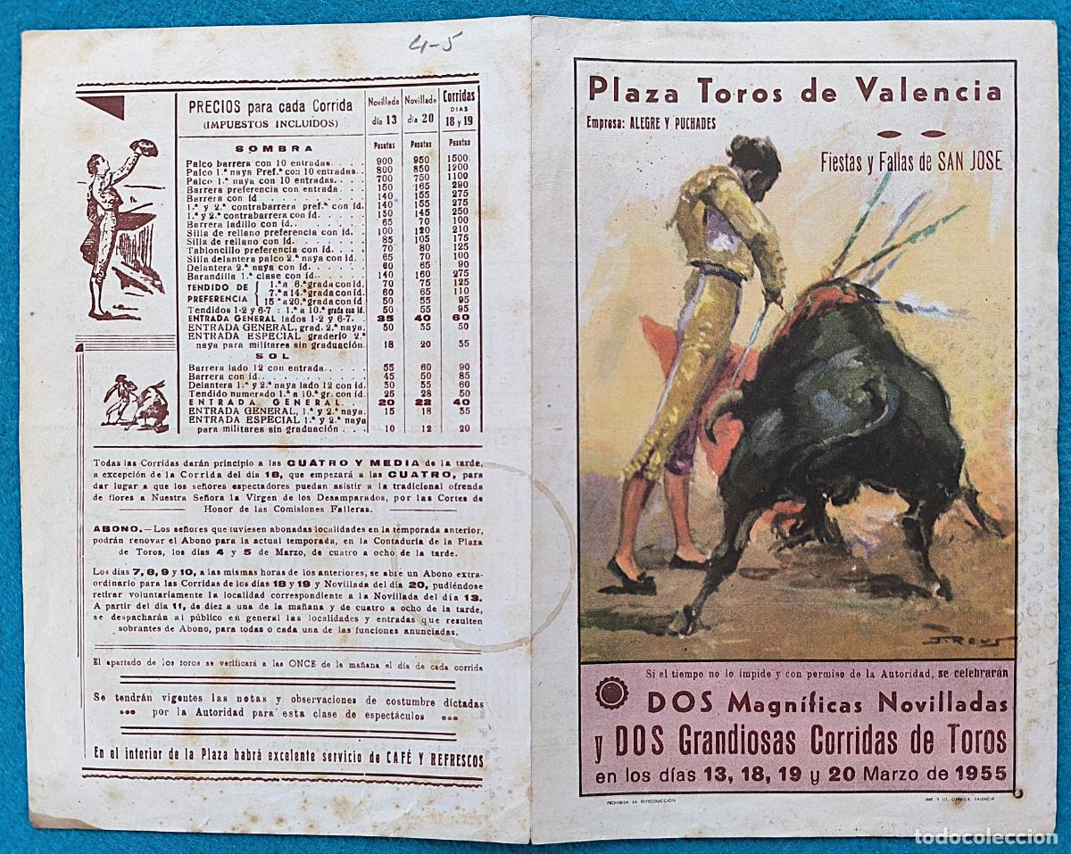 Tauromachie: RW PROGRAMA TOROS PLAZA VALENCIA 1955 BIENVENIDA CASCALES PEDRES ORIGINAL PT109