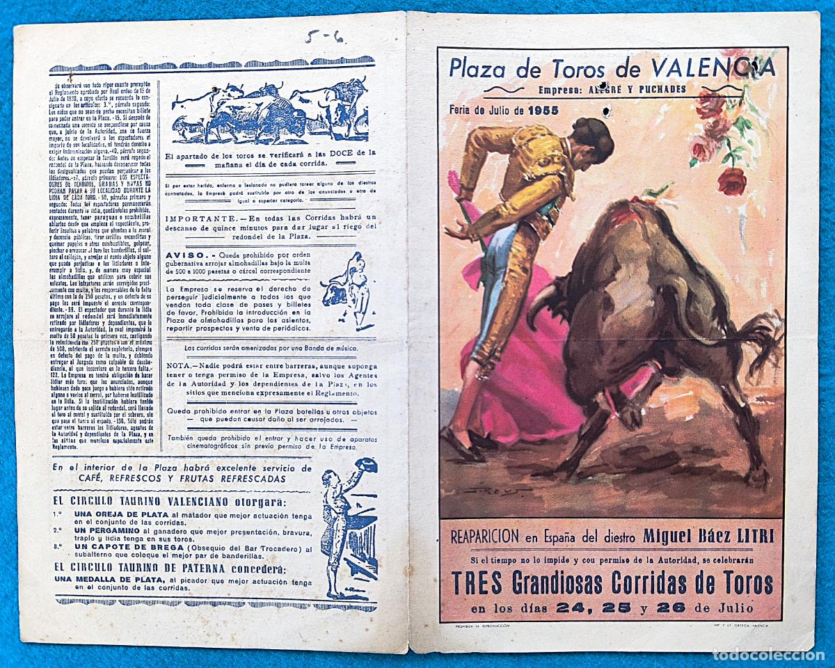 Tauromachie: RW PROGRAMA TOROS PLAZA VALENCIA 1955 LITRI APARICIO CASCALES ORIGINAL PT110