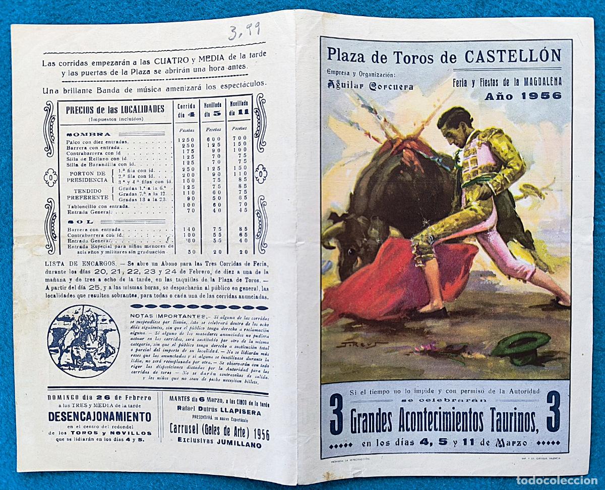 Tauromachie: RW PROGRAMA TOROS PLAZA CASTELLON 1956 BIENVENIDO APARICIO BERNADO ORIGINAL PT111 RR