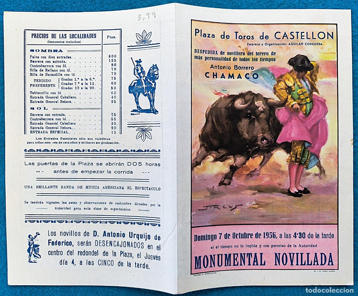 Tauromachie: RW PROGRAMA TOROS PLAZA CASTELLON 1956 RAMIREZ CHAMACO SANLUQUE&Ntilde;O ORIGINAL PT113 RR