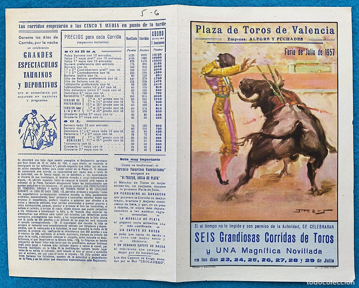 Tauromachie: RW PROGRAMA TOROS PLAZA VALENCIA 1957 APARICIO LITRI SANCHEZ ORIGINAL PT124