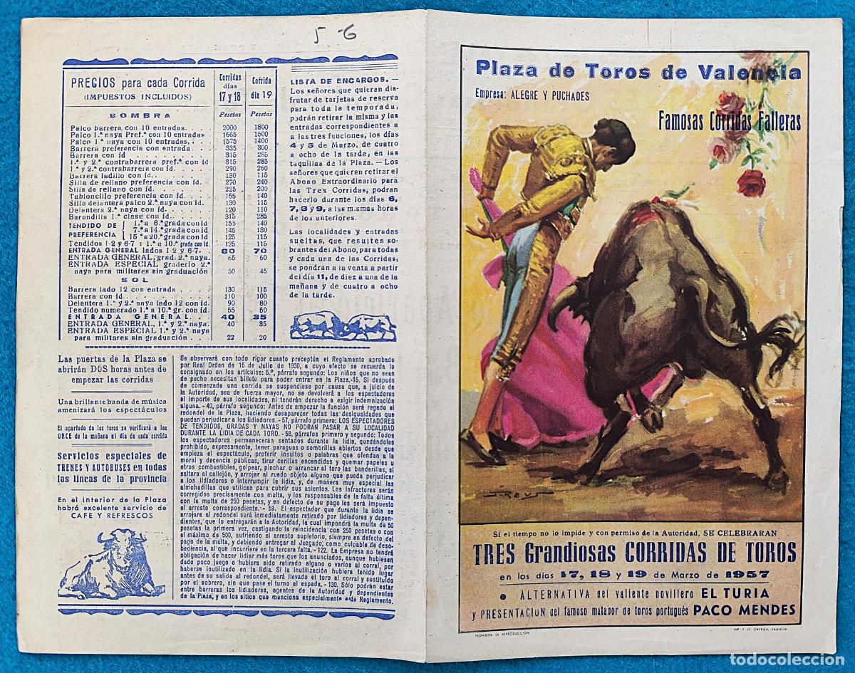 Stierkampf: RW PROGRAMA TOROS PLAZA VALENCIA 1957 VERA CHICUELO II MENDES ORIGINAL PT125