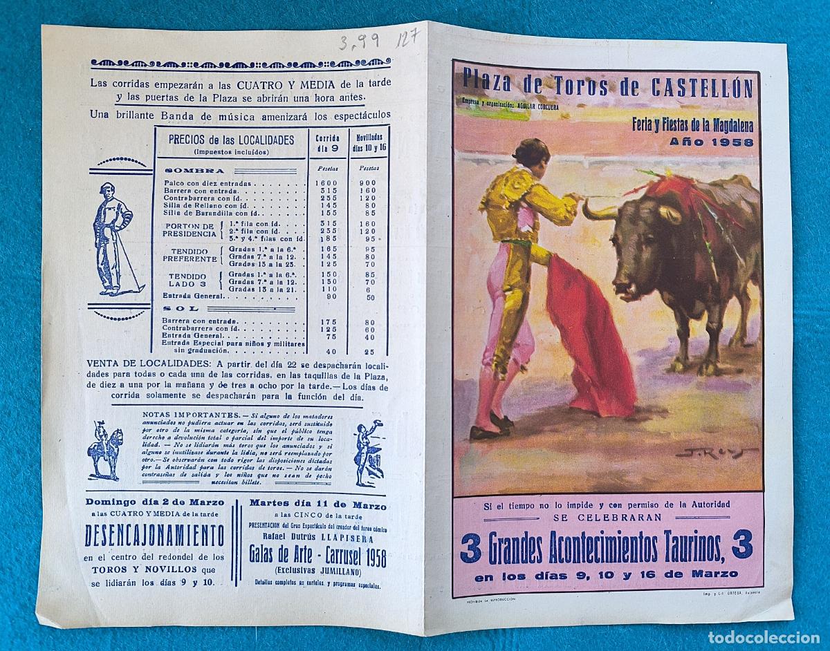 Tauromachie: RW PROGRAMA TOROS PLAZA CASTELLON 1958 ORDO&Ntilde;EZ CACERES CHAMACO ORIGINAL PT127