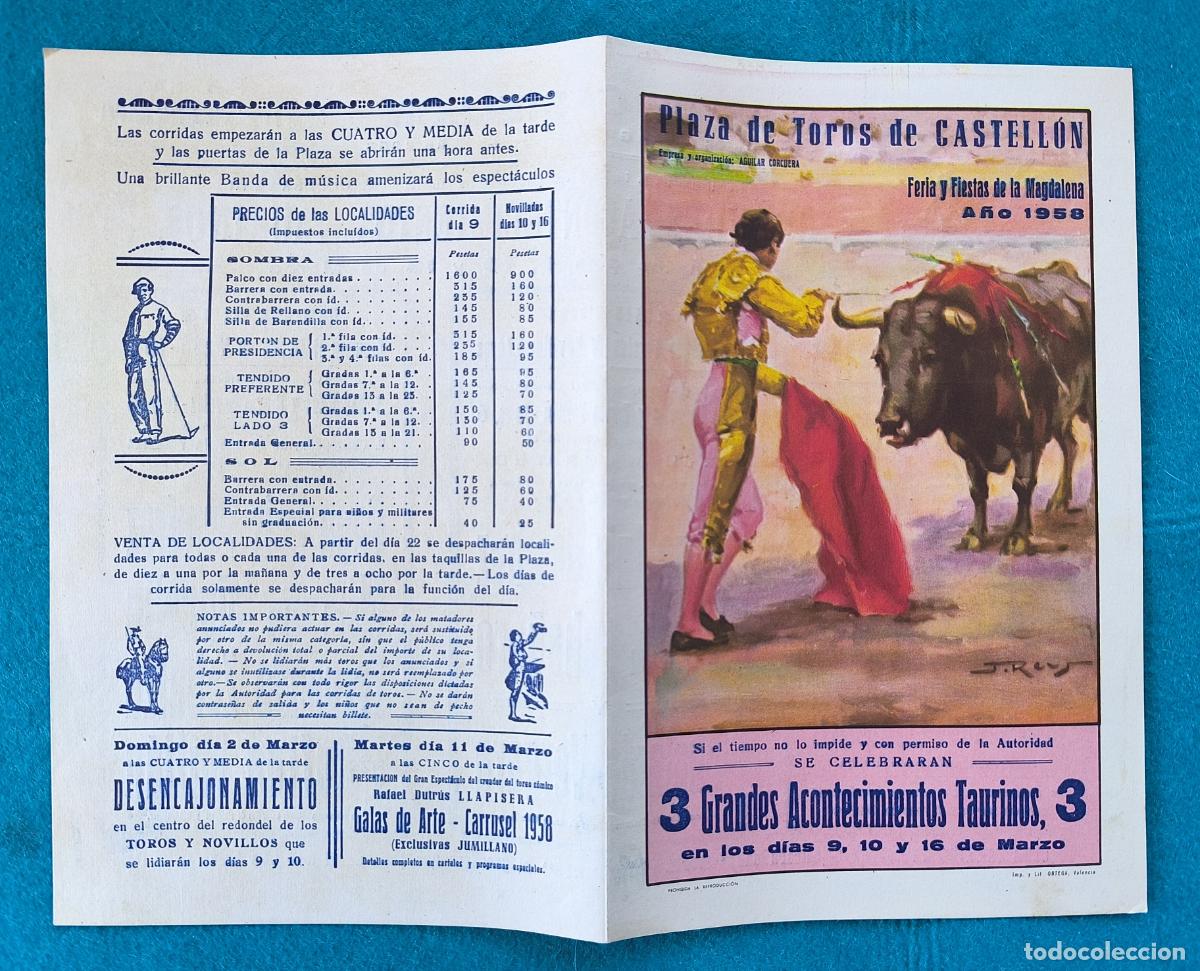 Tauromachie: RW PROGRAMA TOROS PLAZA CASTELLON 1958 RAMIREZ CABA&Ntilde;ERO VERGARA ORIGINAL PT130 RR