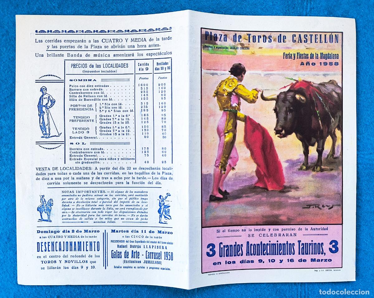 Tauromachie: RW PROGRAMA TOROS PLAZA CASTELLON 1958 ORDO&Ntilde;EZ CACERES CHAMACO ORIGINAL PT137 RR