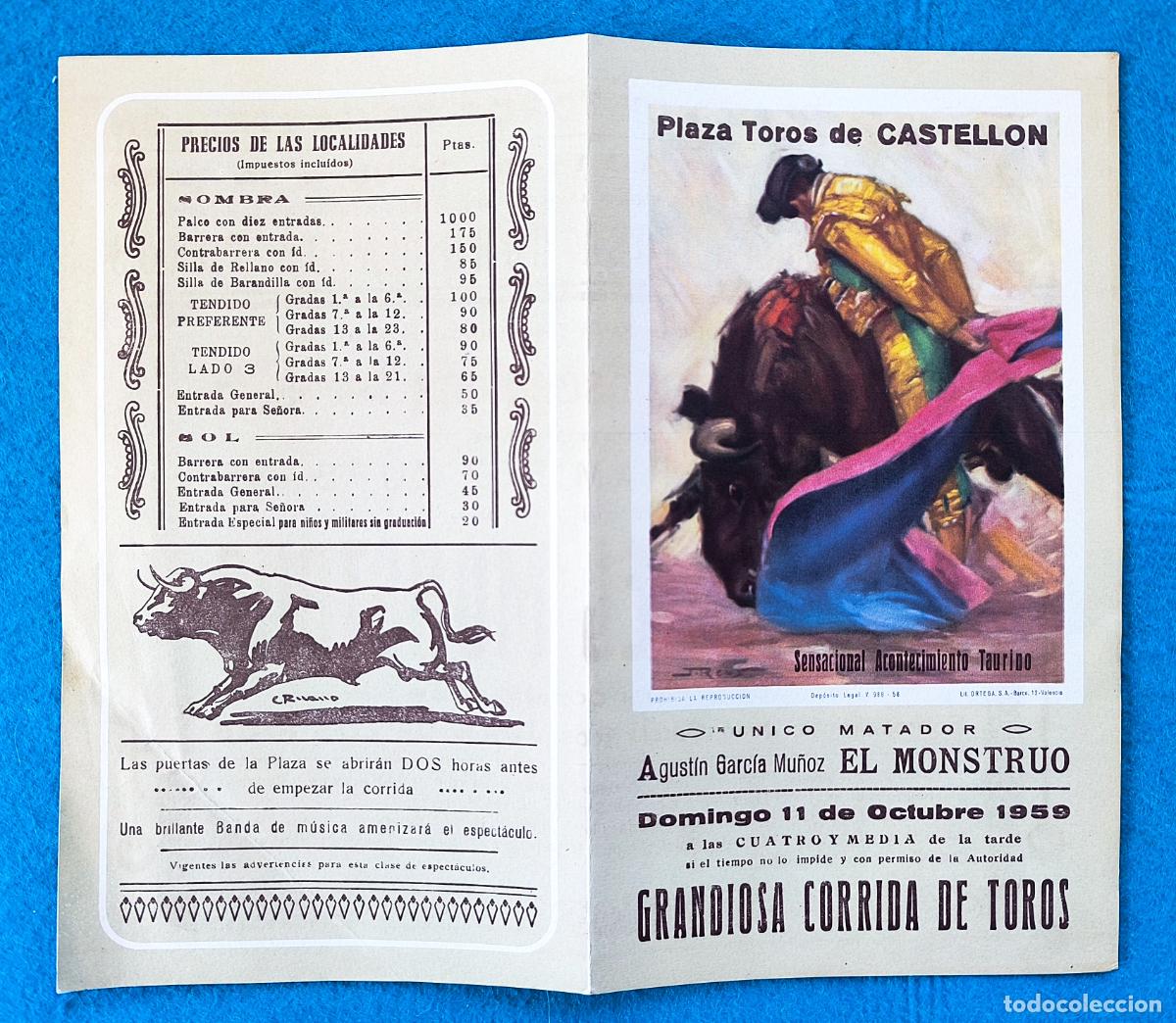 Tauromachie: RW PROGRAMA TOROS PLAZA CASTELLON 1959 AGUSTIN GARCIA MU&Ntilde;OZ EL MONSTRUO ORIGINAL PT138 R