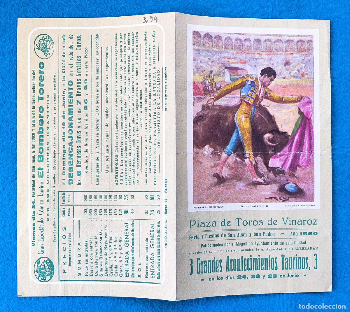 Tauromachie: RW PROGRAMA TOROS PLAZA VINAROZ CASTELLON 1960 PUERTA RAMIREZ CARO ORIGINAL PT143