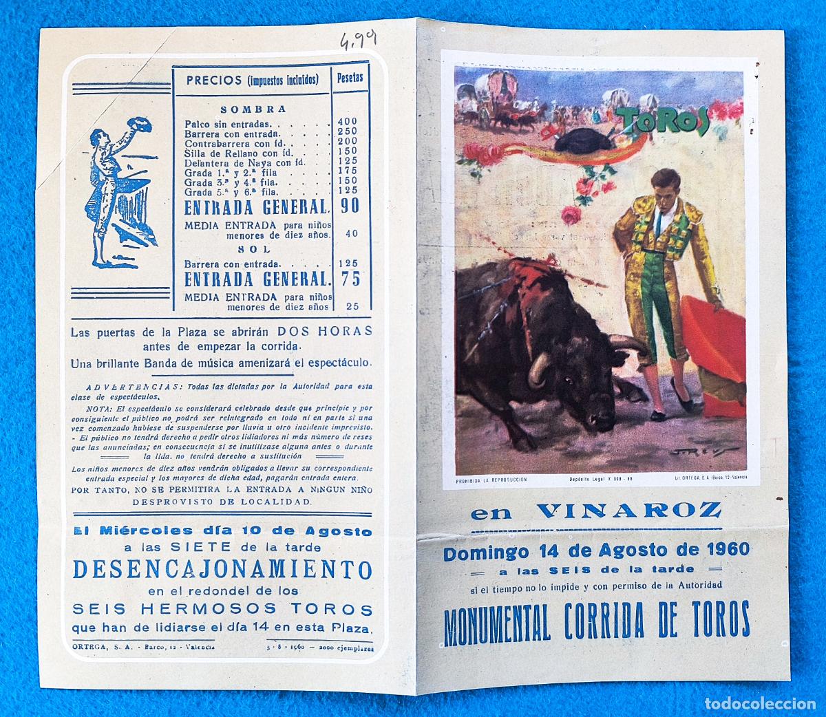 Tauromachie: RW PROGRAMA TOROS PLAZA VINAROZ CASTELLON 1960 ANTO&Ntilde;ETE CELIS GIRON ORIGINAL PT144
