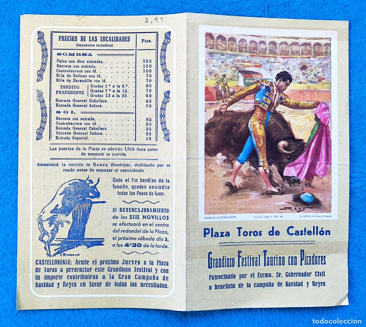 Tauromachie: RW PROGRAMA TOROS PLAZA CASTELLON 1960FESTIVAL TAURINO CON PICADORES ORIGINAL PT156