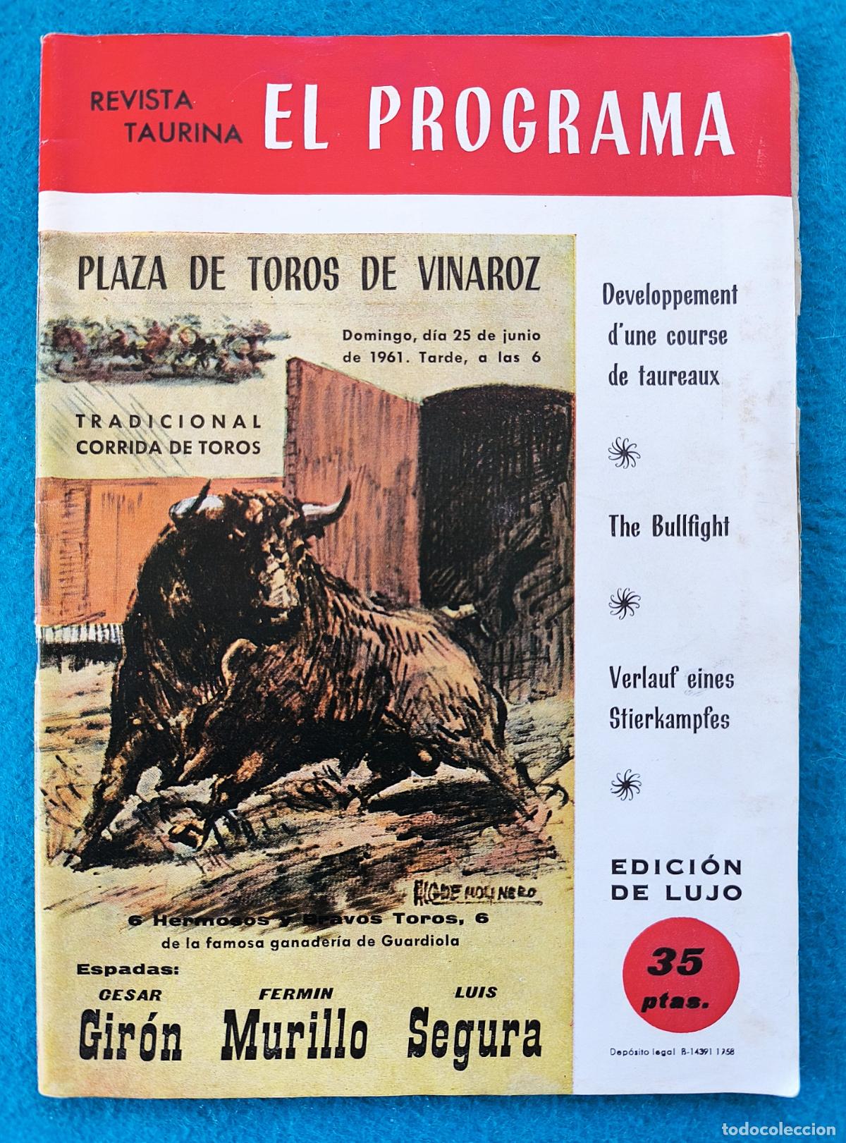 Tauromachie: RW PROGRAMA TOROS REVISTA TAURINA EN INGLES PLAZA VINAROZ CASTELLON 1961 GIRON MURILLO SEGURA PT159
