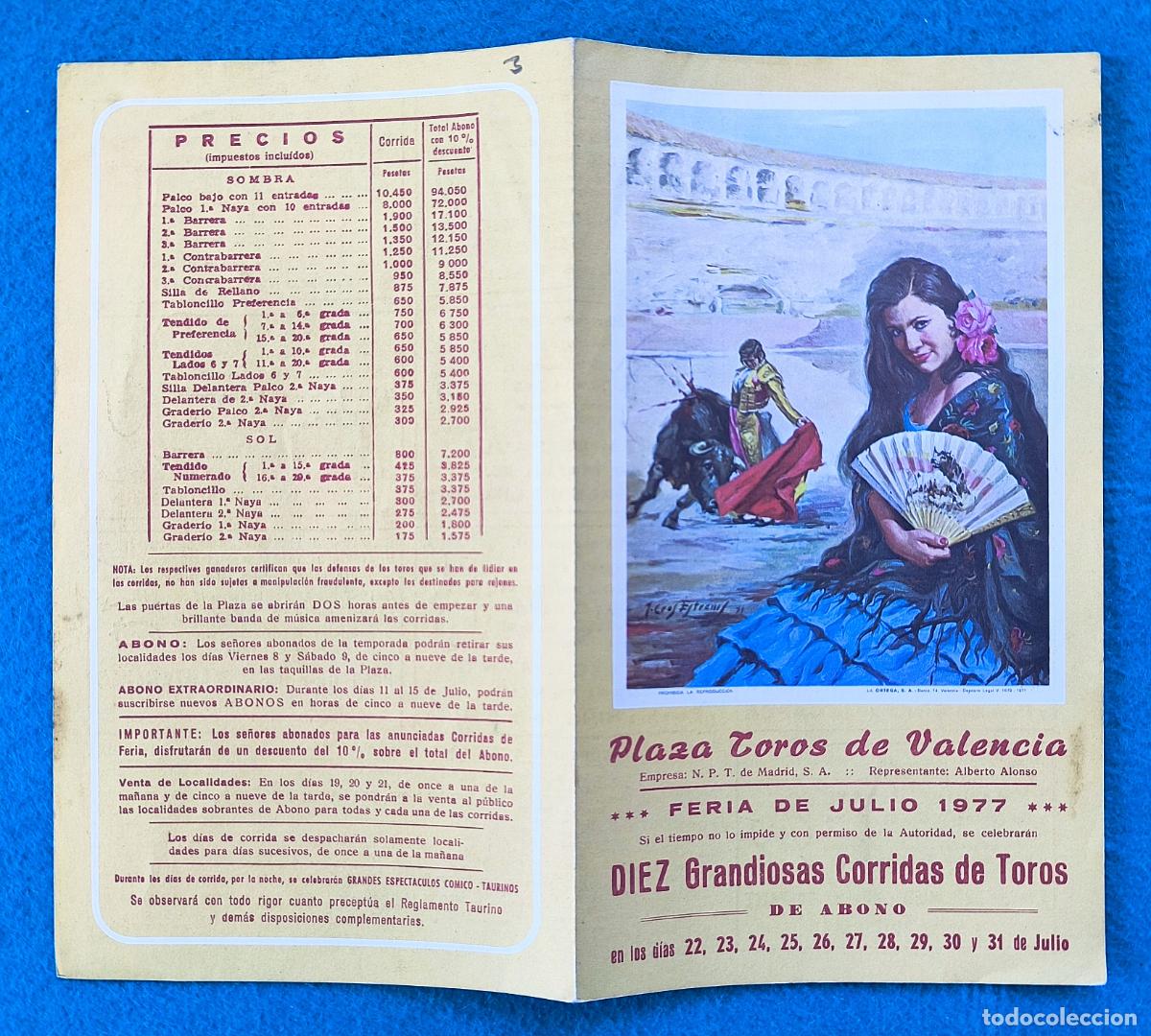 Tauromachie: RW PROGRAMA TOROS PLAZA VALENCIA 1977 MANZANARES EL VITI NI&Ntilde;O DE LA CAPEA ORIGINAL PT160