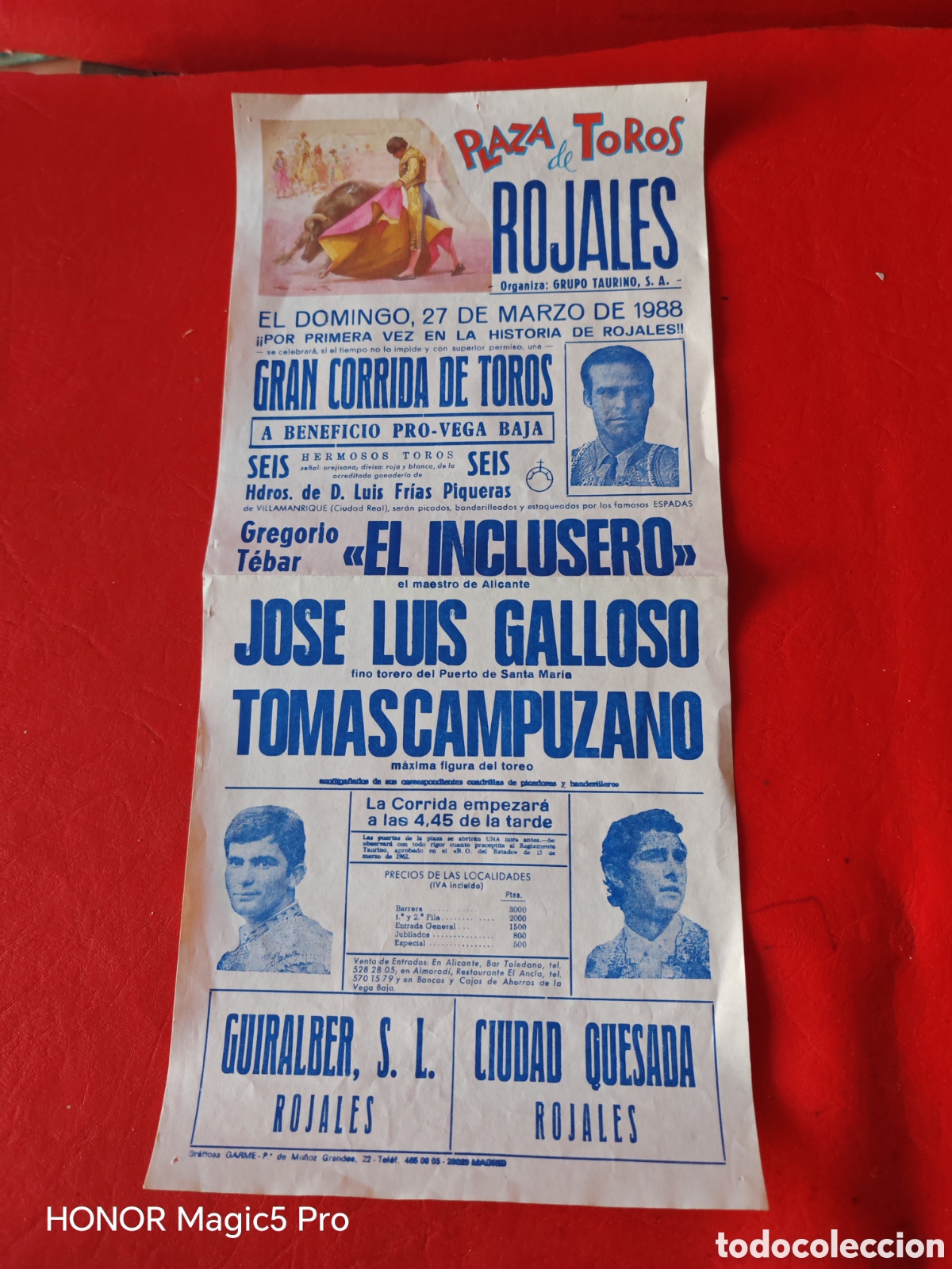 Tauromaquia: Rojales, cartel plaza de toros de Rojales. Alicante. 27de Marzo de 1988