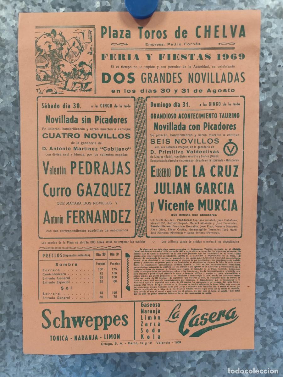 Tauromaquia: CARTELITO, PLAZA DE TOROS DE CHELVA, VALENCIA, A&Ntilde;O 1969 , NOVILLADAS