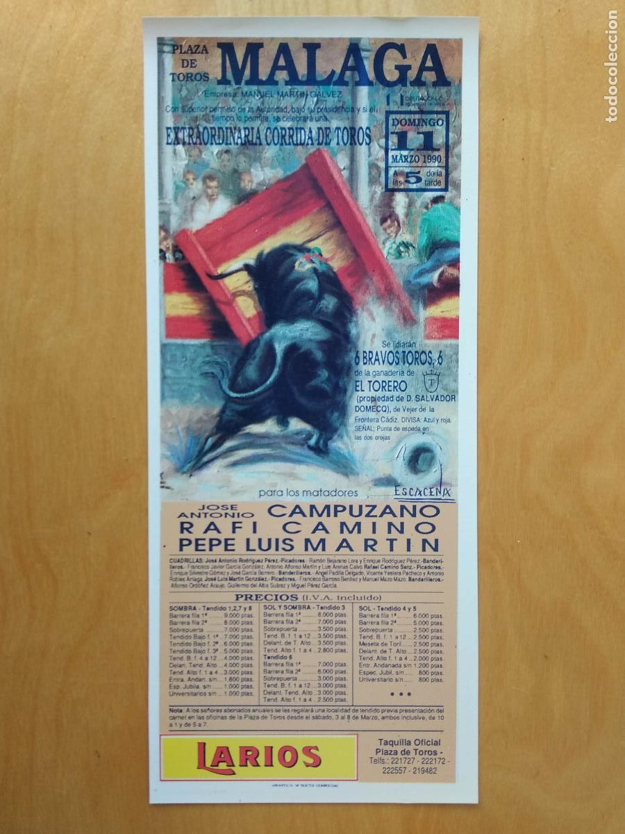 Tauromaquia: Lote 36313269: CARTEL FOLLETO DE MANO TOROS MALAGA 1990 JOSE ANTONIO CAMPUZANO RAFI CAMINO PEPE LUIS