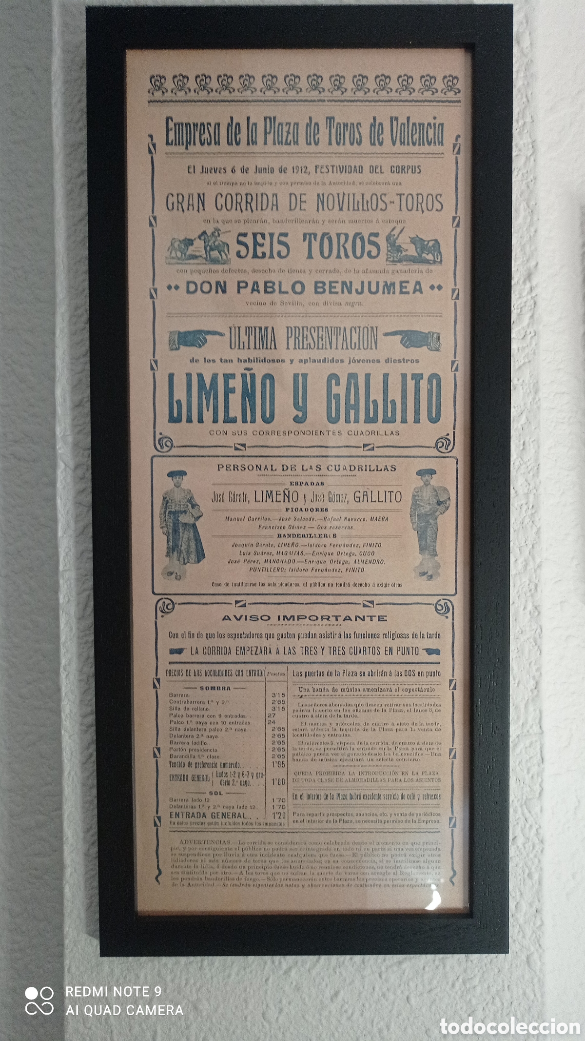 Tauromaquia: Cartel toros valencia Joselito el Gallo a&ntilde;o 1912 original