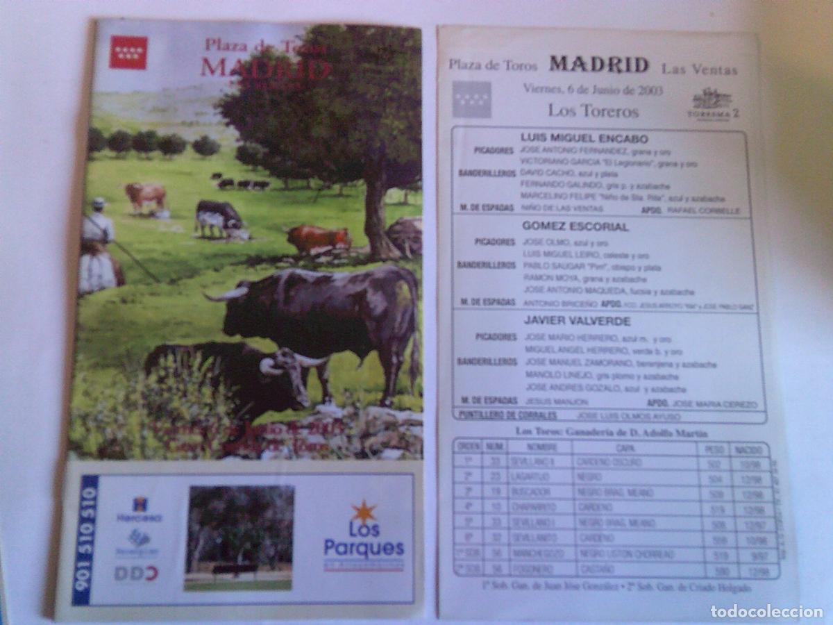 Tauromaquia: Programa Plaza de toros de Madrid Las ventas Domingo 6 junio 2003 - Foto 1