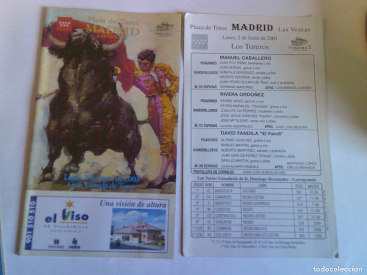 Tauromaquia: Programa Plaza de toros de Madrid Las ventas Domingo 2 de junio 2003 - Foto 1