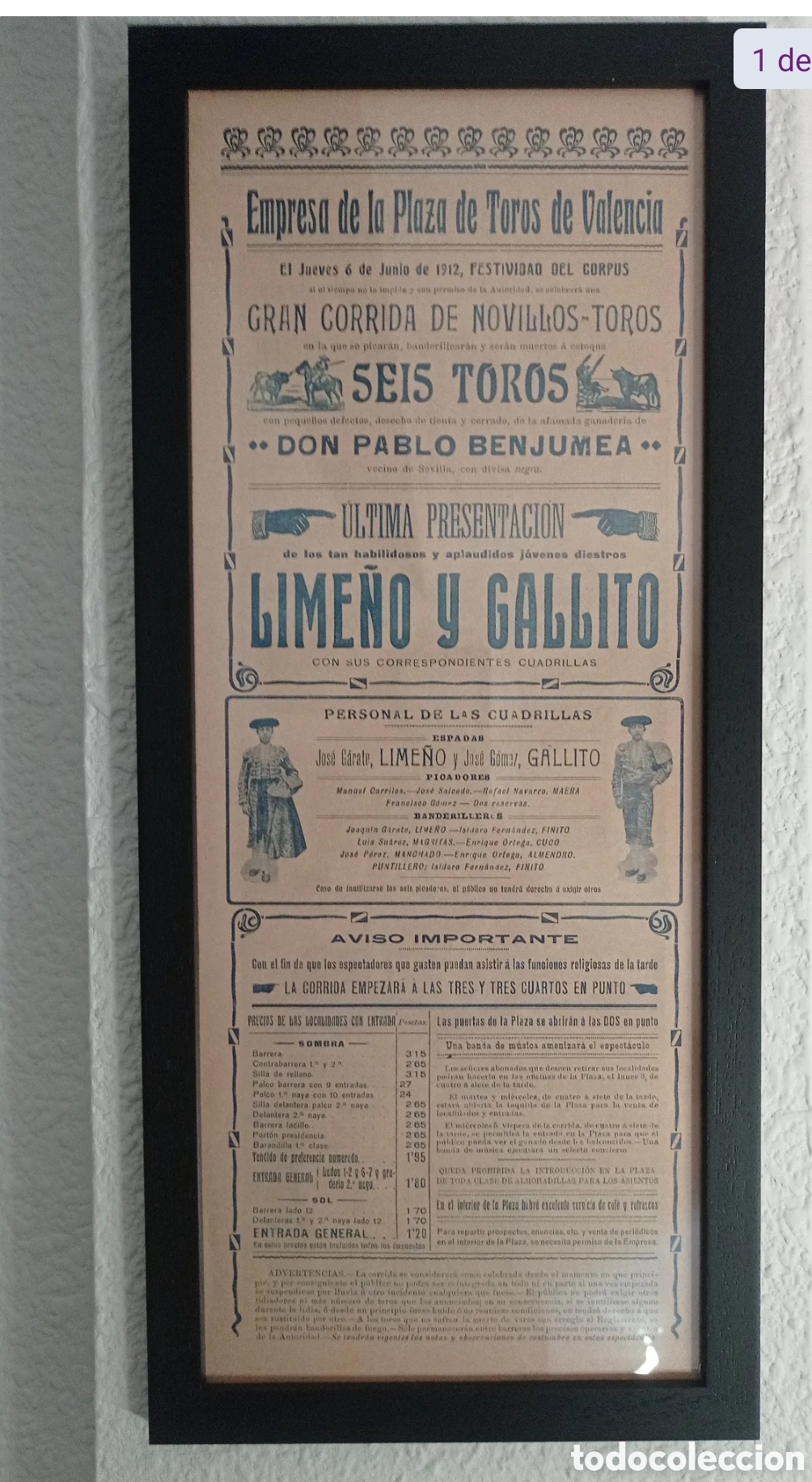 Tauromaquia: Cartel toros valencia 1912 Gallito y lime&ntilde;o