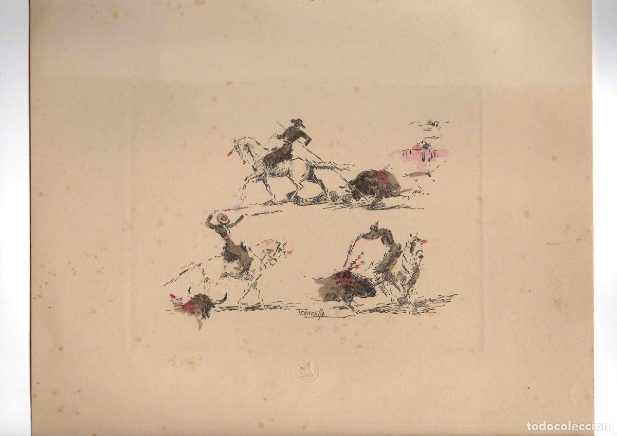 Tauromaquia: GRABADO COLOREADO REJONEDO A LA ESPA&Ntilde;OLA N&ordm; 4. REALIZADO POR JOAQUIN TERRUELLA, FIRMADO, 1961