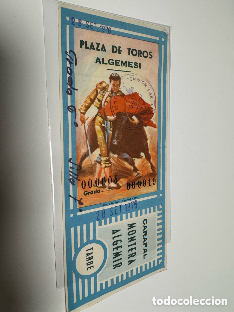 Tauromaquia: Entrada toros Algemes&iacute; 1976 Plaza de Toros antigua Carafal Montera tauromaquia colecci&oacute;n