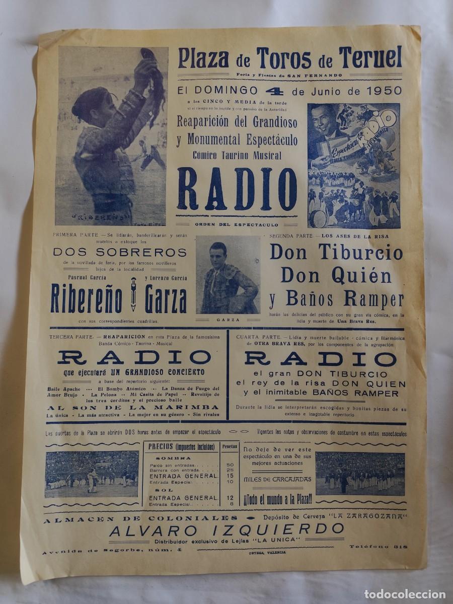 Tauromaquia: CARTEL PLAZA TOROS DE TERUEL. RADIO, DON TIBURCIO, DON QUIEN. A&Ntilde;O 1950