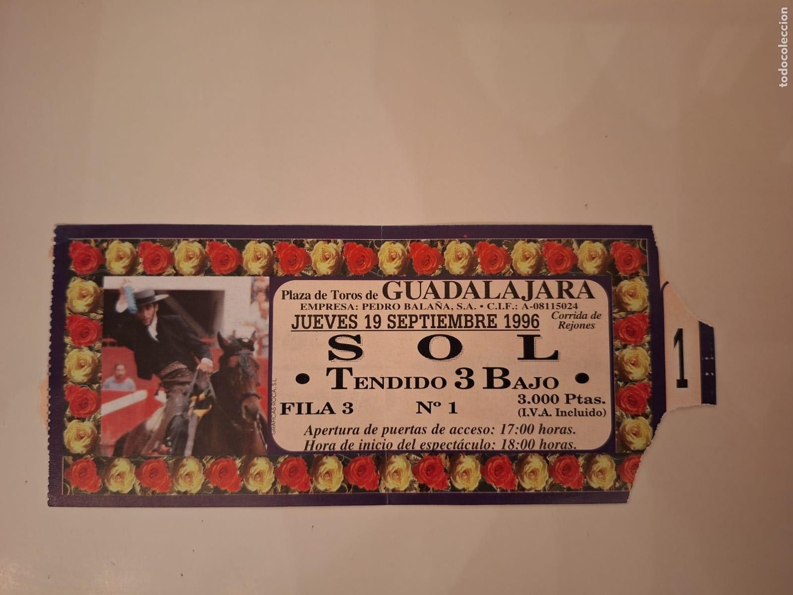 Tauromaquia: Entrada Corrida de rejones Plaza de toros de Guadalajara 19 septiembre 1996 Pablo Hermoso de Mendoza
