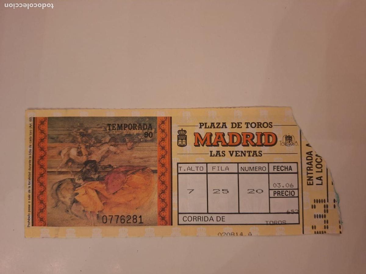 Tauromaquia: Entrada Corrida de toros Plaza de toros de Las Ventas Madrid 3 junio 1990