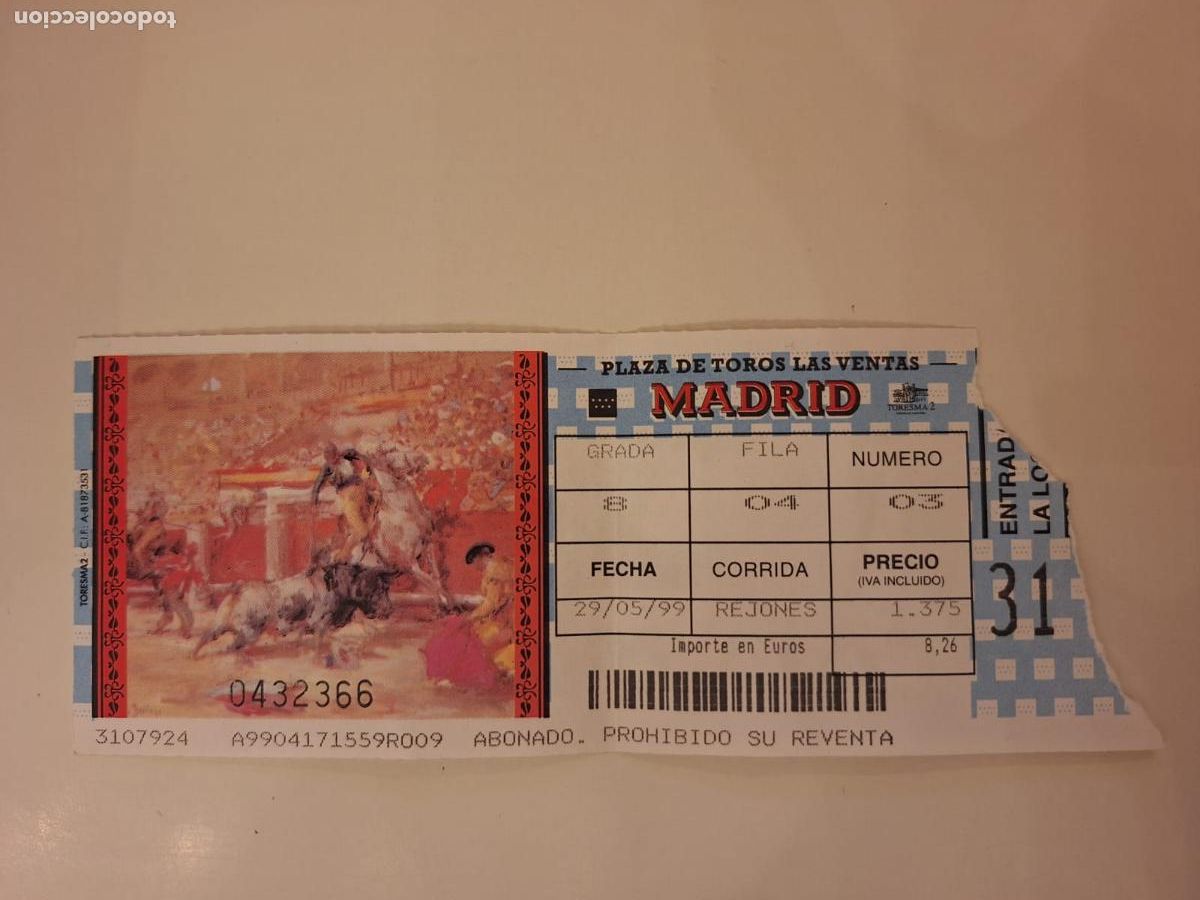 Tauromaquia: Entrada Corrida de rejones Plaza de toros de Las Ventas Madrid Feria de San Isidro 29 mayo 1999