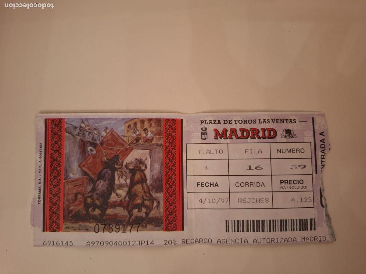Tauromaquia: Entrada Corrida de rejones Plaza de toros de Las Ventas Madrid 4 octubre 1997