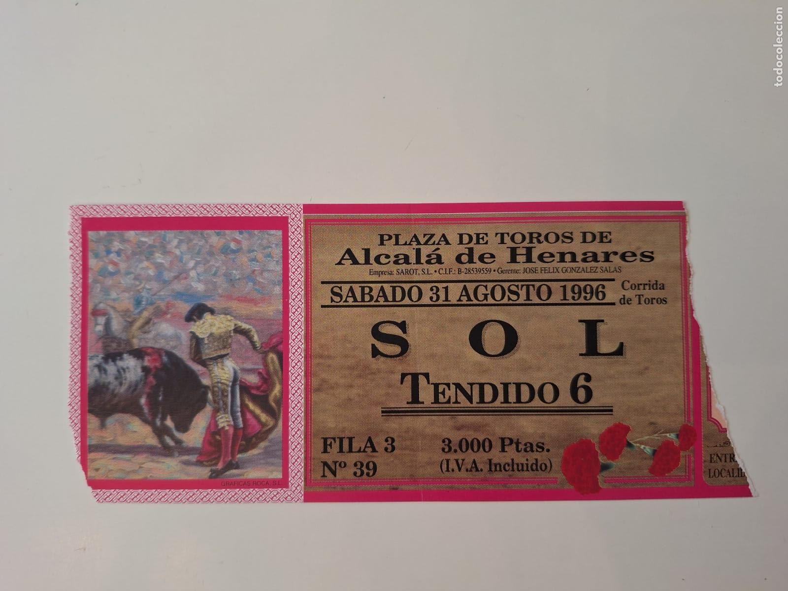 Tauromaquia: Entrada Corrida de toros Plaza de toros de Alcal&aacute; de Henares 31 agosto 1996