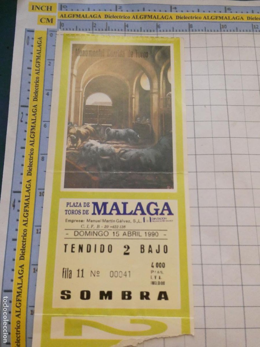Tauromaquia: ENTRADA TOROS TOREROS CORRIDA PLAZA M&Aacute;LAGA. 15 ABRIL 1990 PUBLICIDAD GIN LARIOS. 531