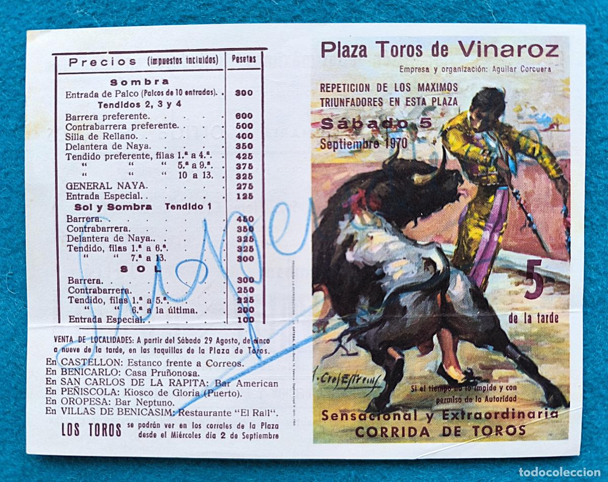 Tauromaquia: RW PROGRAMA TOROS PLAZA VINAROZ CASTELLON 1970 PAQUIRRI GONZALEZ GARCIA J CROS PTP10