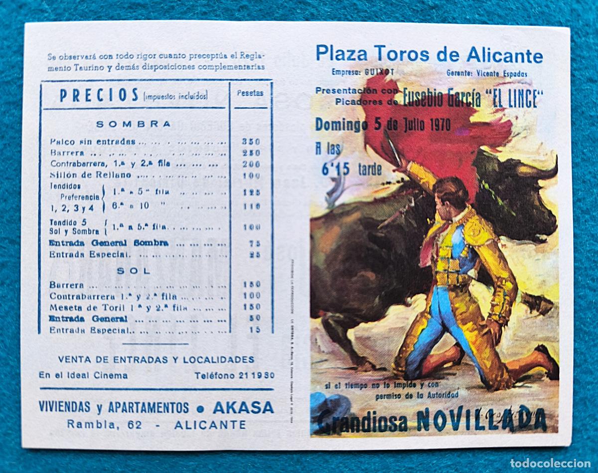 Tauromaquia: RW PROGRAMA TOROS PLAZA ALICANTE 1970 EUSEBIO GARCIA EL LINCE MANZANARES ORTU&Ntilde;O J CROS PTP18