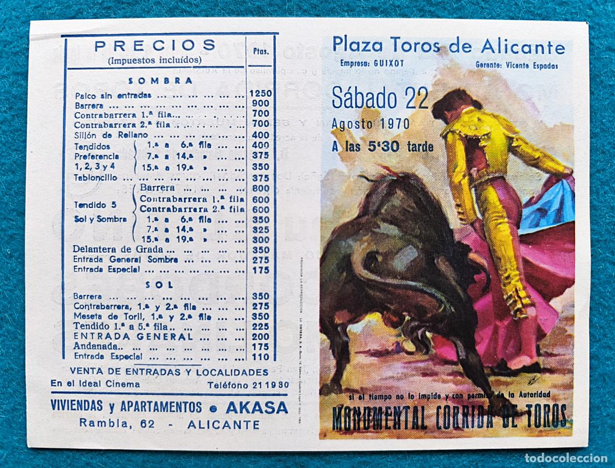 Tauromaquia: RW PROGRAMA TOROS PLAZA ALICANTE 1970 EL TINO EL CORDOBES PALOMO LINARES J CROS PTP20