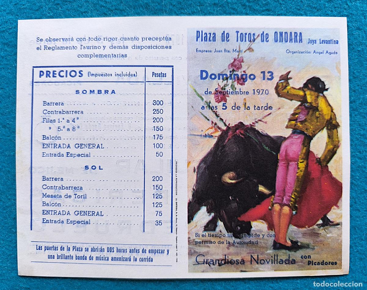 Tauromaquia: RW PROGRAMA TOROS PLAZA ONDARA ALICANTE 1970 CHANO AGUILAR PERICAS PEDRUELO J REUS PTP31