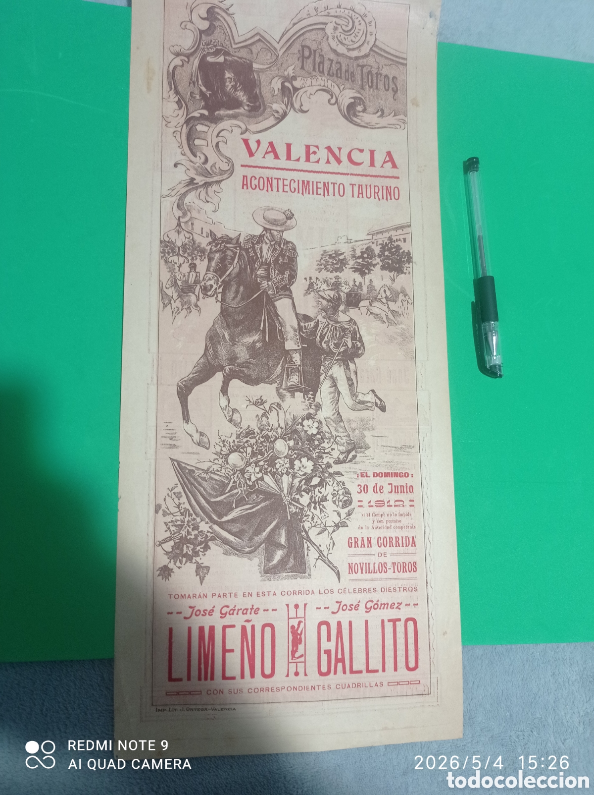 Tauromaquia: Cartel toros valencia 1912 Gallito lime&ntilde;o