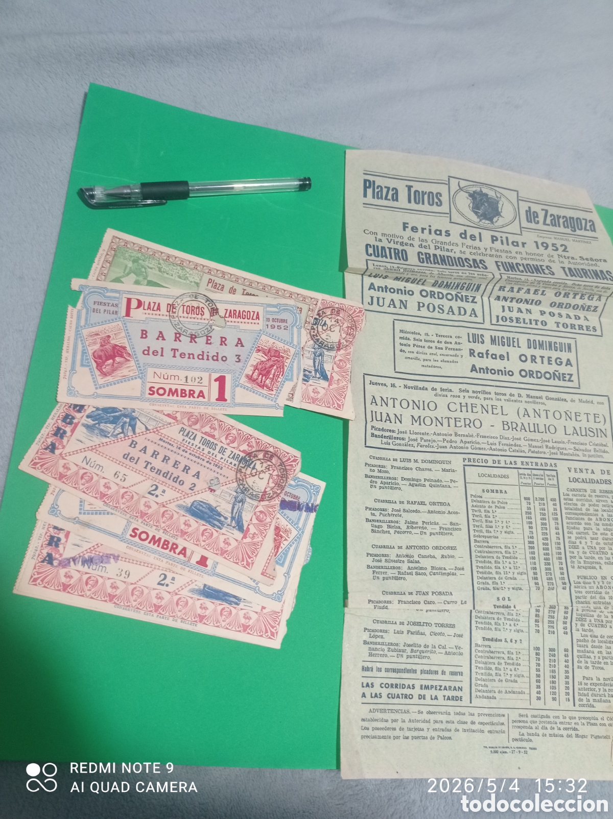 Tauromaquia: 3 carteles y ocho entradas feria pilar Zaragoza 1952